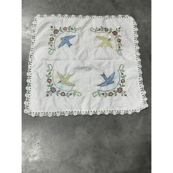 Birds and Flowers, Table Runner, Crochet Edges, 31x31 Tablecloth ~ 251016-WH 348 - Picture 2 of 6